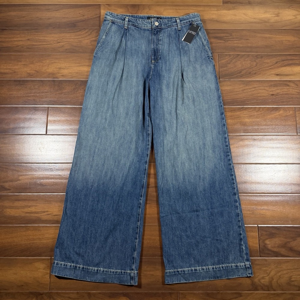 Lauren Ralph Lauren Size 12 High Rise Pleated Wide Leg Denim Jeans in Haze Wash‎